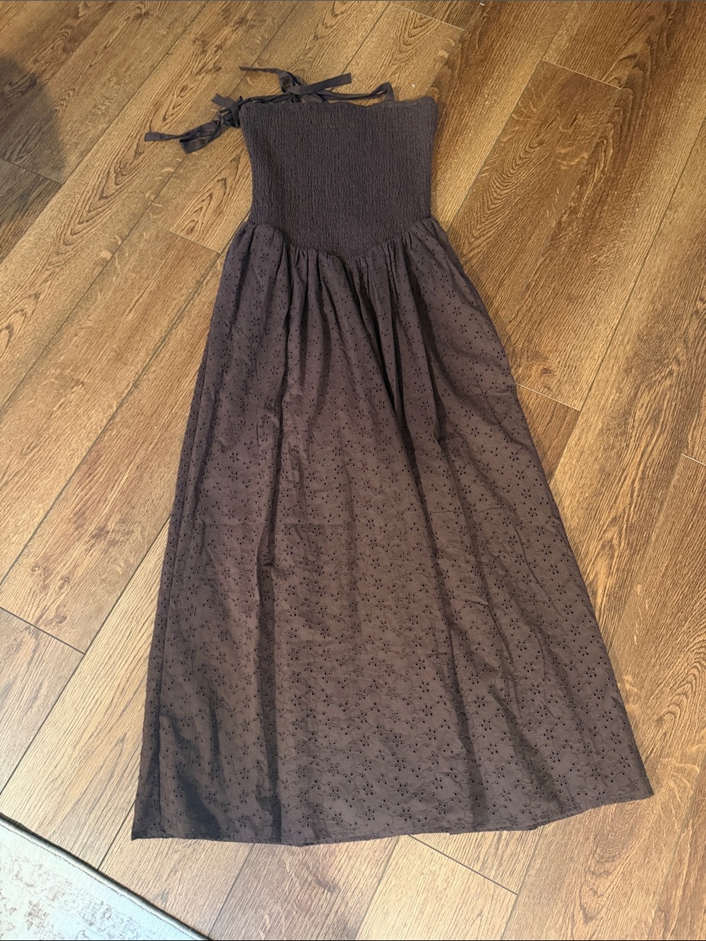 Wayf Brown Smocked Maxi Dress with Eyelet Skirt
